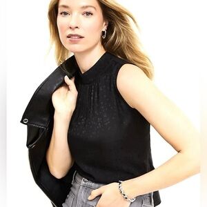 LOFT High Neck Jacquard Mock Neck Shell Black Floral Print Sleeveless Top Large